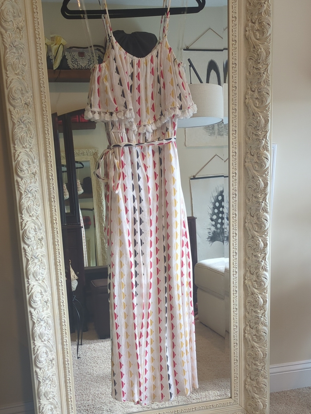 Eyeshadow White Maxi Dress with Red, Yellow and Black Triangle Print